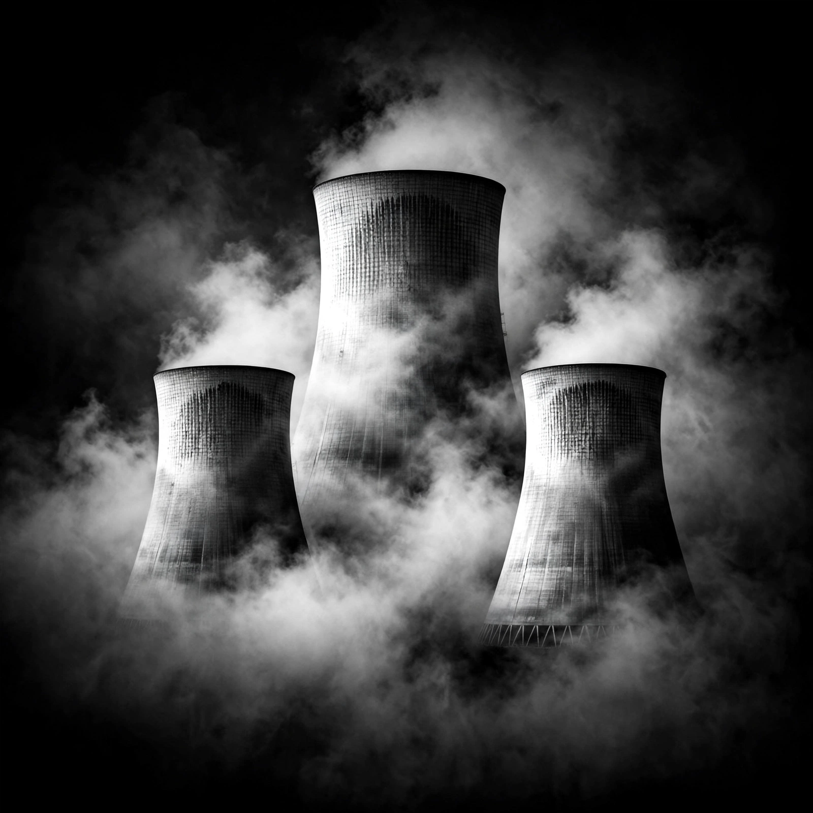 Nuclear Shadows cover art: massive concrete cooling towers in thick fog